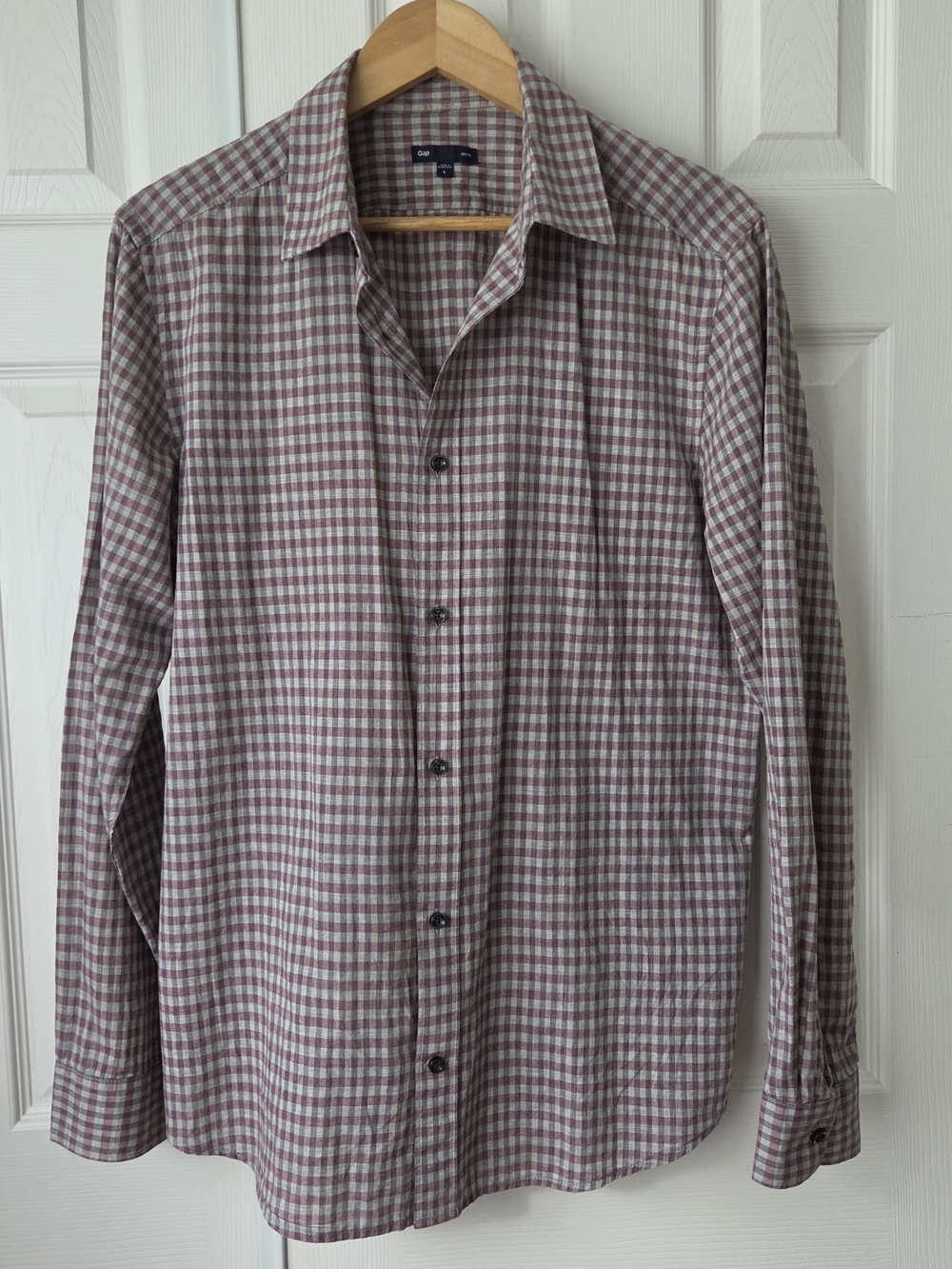 GAP Men's Slim Fit Gingham Plaid Button Down Shirt Red Grey 100% Cotton Large
